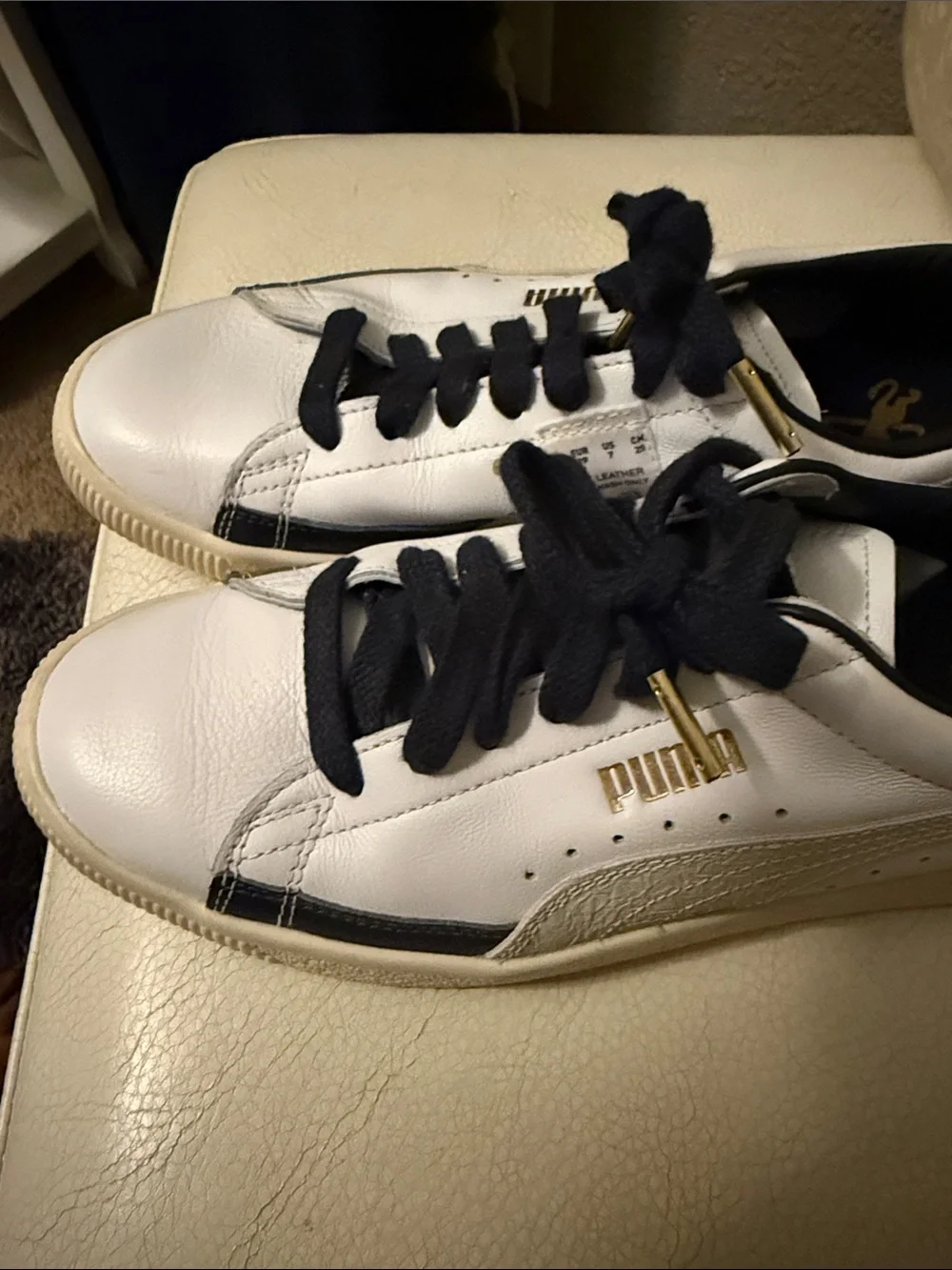 Puma White Leather Sneakers with Navy Laces and Gold Accents